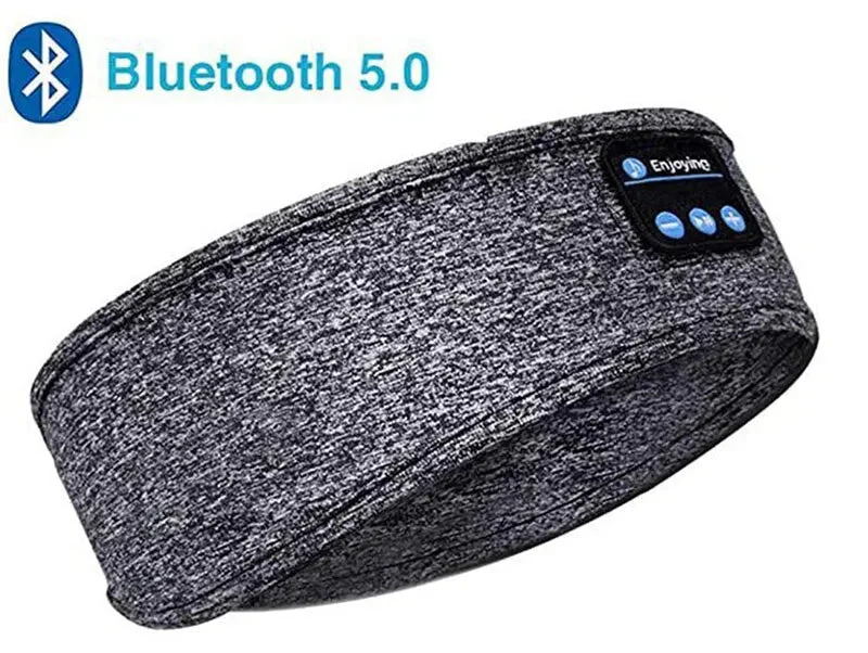Gray Bluetooth headband with control panel and features on a white background